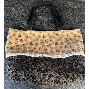 Handmade Craft Bag Tote Lined 11” X 13” X 5.5” Sewing Themed Measuring Tape
